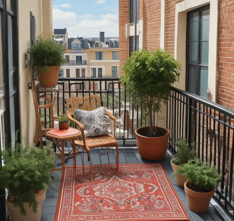 18 Creative Small Balcony Ideas - Transform Your Tiny Outdoor Space Add Comfort with Weather-Resistant Outdoor Rugs