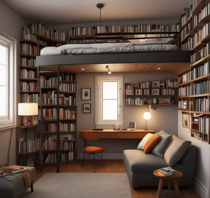 Library-Style Loft with Shelving
