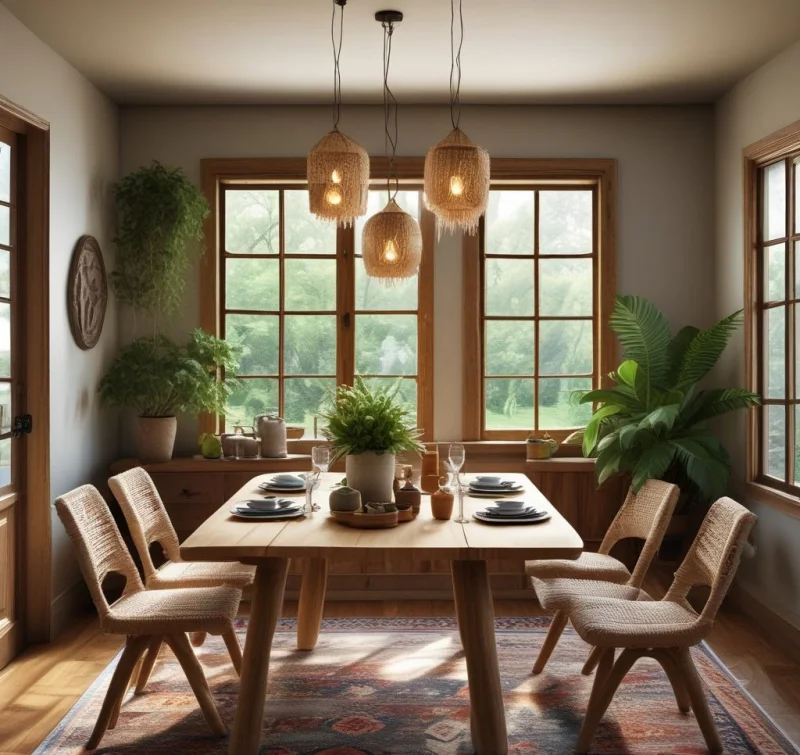 20 Beautiful Boho Dining Room Designs to Transform Your Space Natural Wood and Rattan Elements