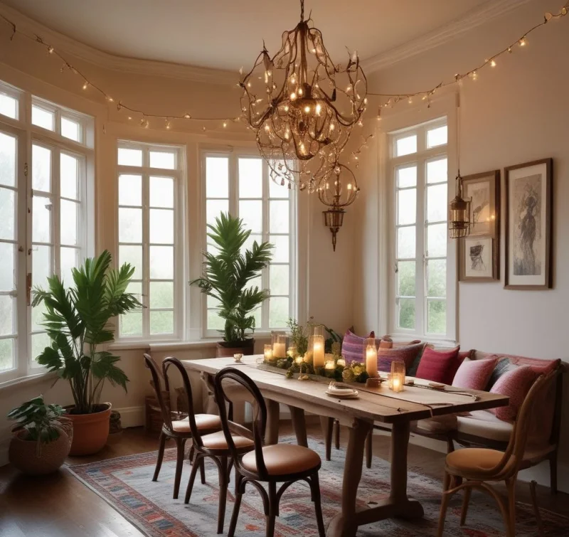 20 Beautiful Boho Dining Room Designs to Transform Your Space String Lights and Candle Glow
