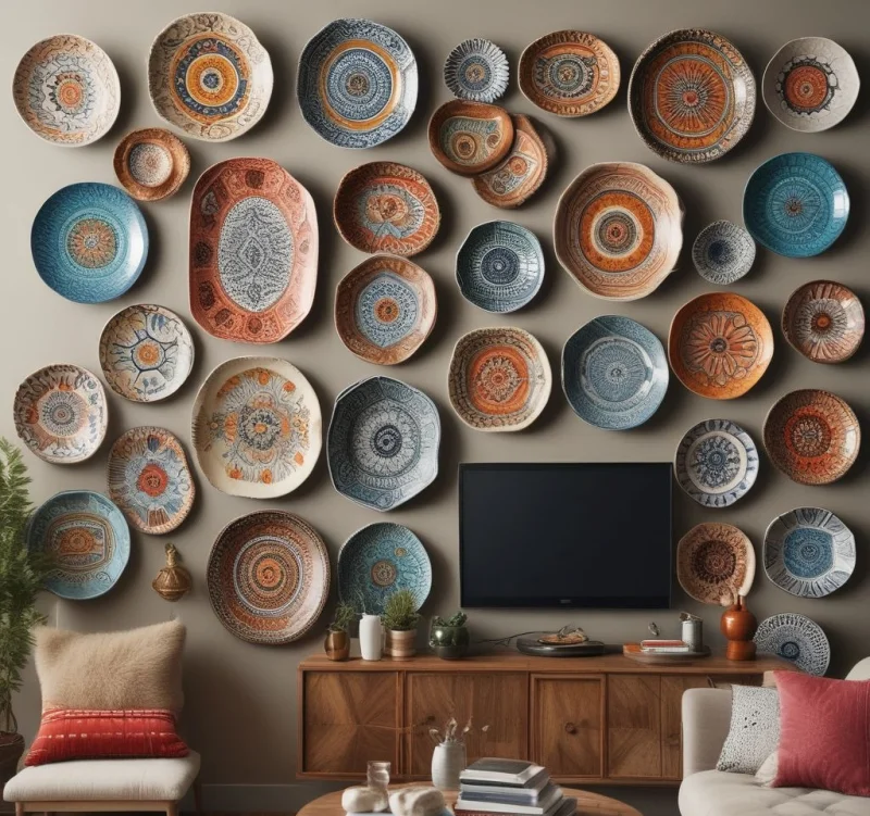 15+ Creative Ways to Transform the Space Above Your TV Bohemian Wall Plate Collection