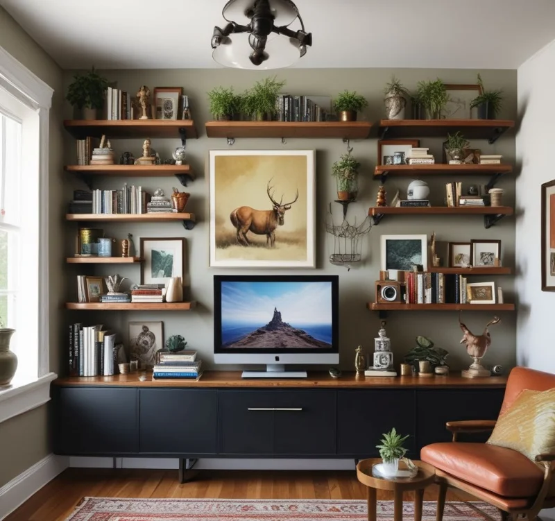 15+ Creative Ways to Transform the Space Above Your TV Curated Collection Showcase on Open Shelving