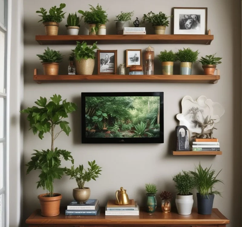 15+ Creative Ways to Transform the Space Above Your TV Layered Plant and Object Styling