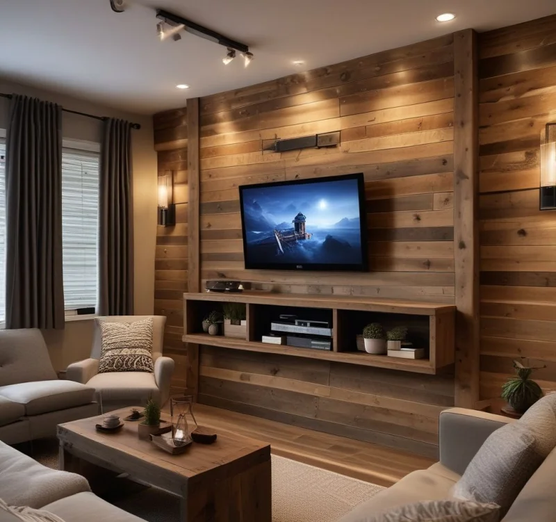 15+ Creative Ways to Transform the Space Above Your TV Rustic Wooden Accent Wall with Warm Lighting