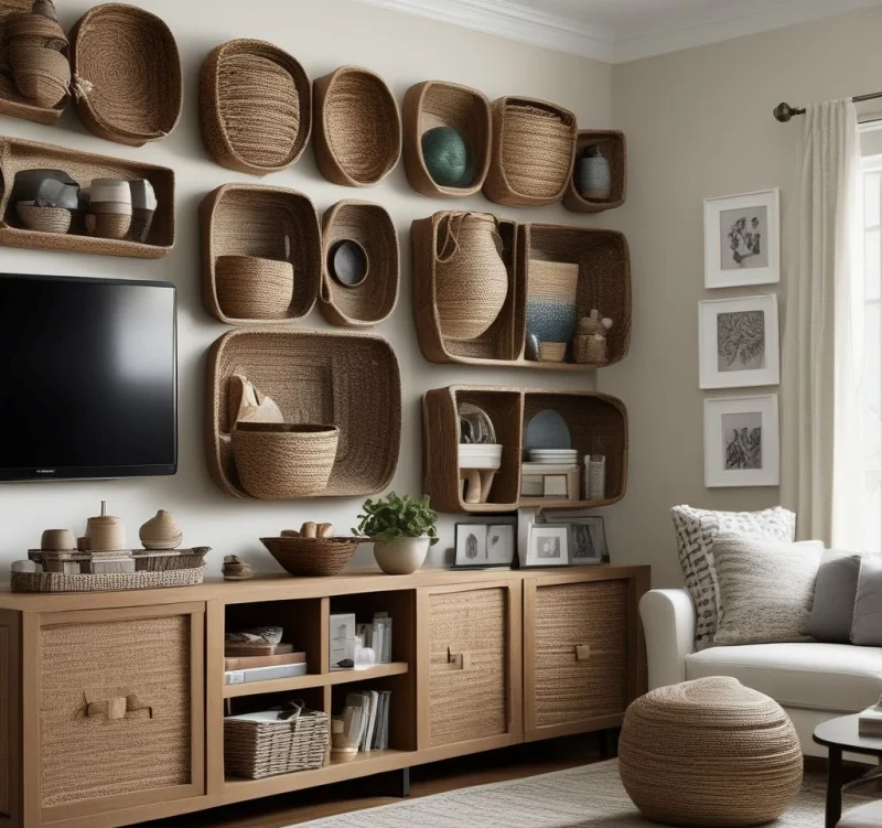 15+ Creative Ways to Transform the Space Above Your TV Woven Basket Collection in Corner Arrangement