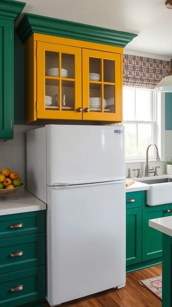 12+ Smart Storage Solutions Above Your Refrigerator for Maximum Kitchen Space Bold Accent Color Cabinets