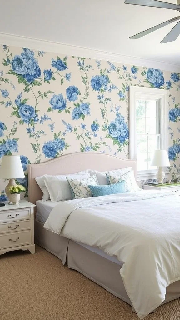 Whimsical Blue Floral Wallpaper Accent
