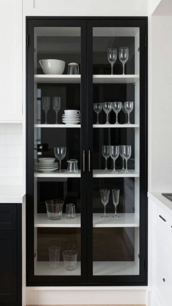 19+ Elegant Black and White Kitchen Ideas to Transform Your Space Install Transparent Black-Framed Cabinet Doors
